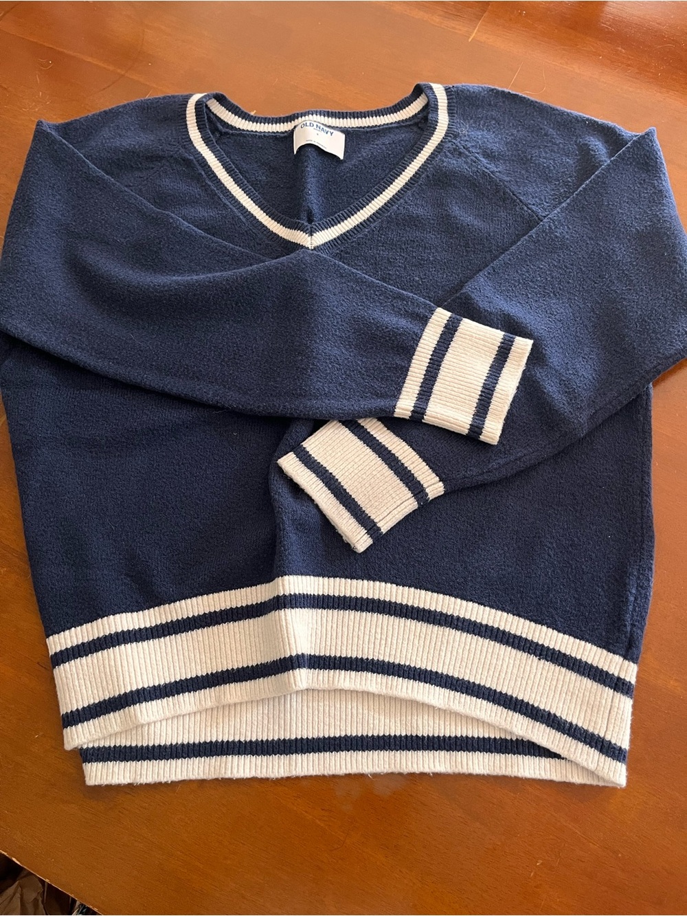 Old Navy Navy V-Neck Sweater with Cream Trim and Stripes
